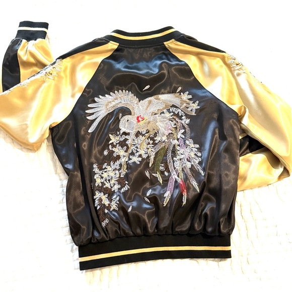 Asian inspired gold and black embroidered silky bomber jacket - Picture 9 of 9